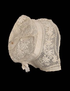 First half 19th century, Europe - Cap - Cotton mull with cotton embroidery, linen bobbin lace insertion, and silk ribbon