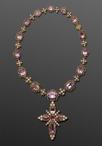 Georgian Foil-backed Pink Topaz and Pearl Riviere with Cross Pendant, circa 1820