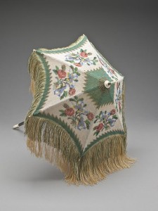 Parasol, European, circa 1805. Silk knit with glass and steel beads, wood, bone, and metal.
