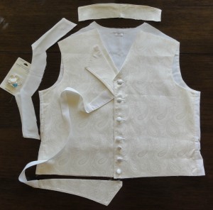 Ivory paisley waistcoat, collar made, showing cut and location for lapel