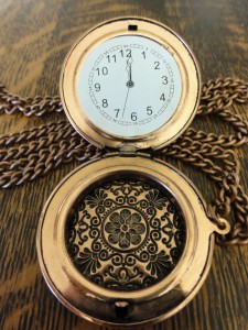 steampunk costume pocket watch showing paper inside