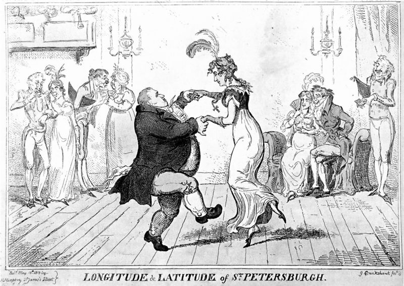 "Longitude and Latitude of St. Petersburg" by George Cruikshank, May 1813. Caricature of Almack's patroness Countess Lieven waltzing at an assembly at Almack's. From Wikipedia Commons.