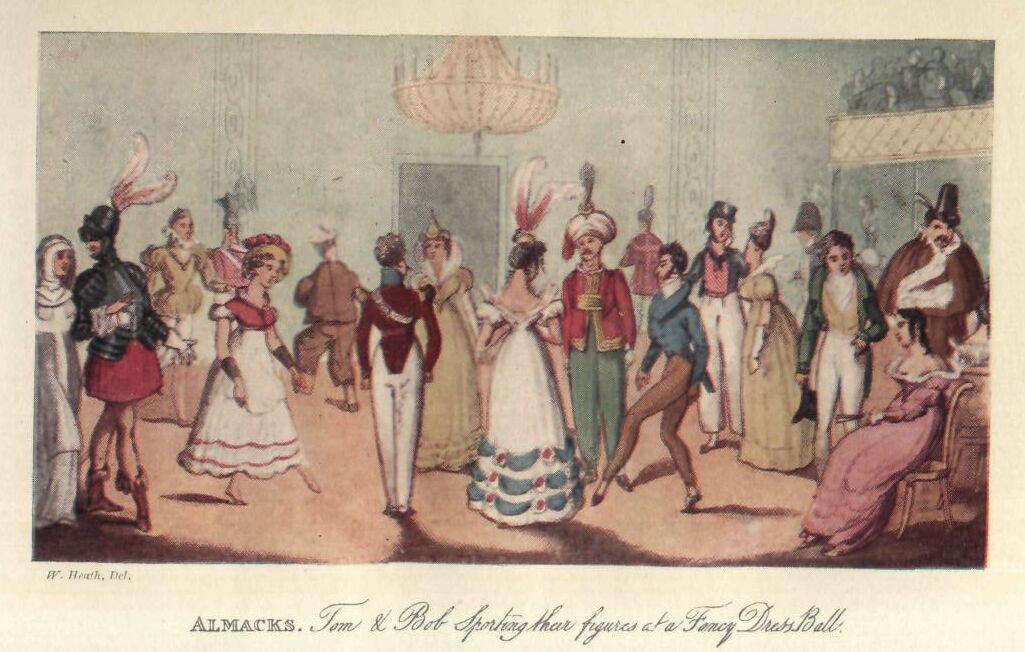 "Almacks: Tom and Bob Sporting Their Figures at a Fancy Dress Ball" by W. Heath, 1821
