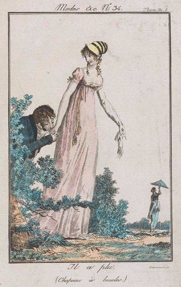Mr. Wickham from Suzan Lauder's "Letter from Ramsgate" attempts to woo Miss Georgiana Darcy, while Miss Elizabeth Bennet wanders around in the distance, spinning her parasol. (Artwork: Debucourt, Modes et Manières du Jour no. 34)